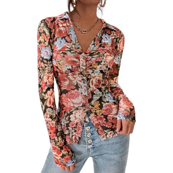 Tops - Women Black Floral Button Down Floral Shirt Trendy Long Sleeve V Neck Blouse Top